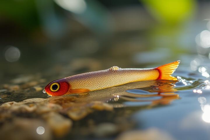 Macro shot of a biodegradable fishing lure slowly breaking down into its organic components in a gentle stream bed, surrounded by pebbles and clean water.