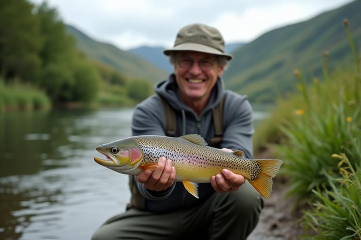 A professional angler holding up a well-caught fish next to a Moorhen eco-lure, with a scenic British river or lake in the background, conveying success and natural integration.