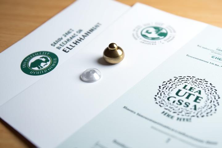 Official-looking documents with UK environmental agency logos, alongside small lead-free fishing weights and biodegradable lure components, conveying compliance and certification.