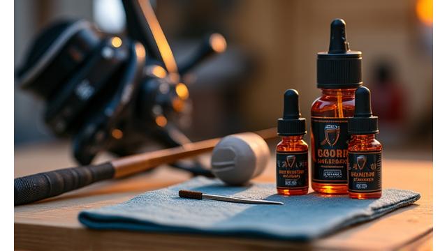 Specialized cleaning kit for fishing reels and rods, with lubricants and cloths on a workbench