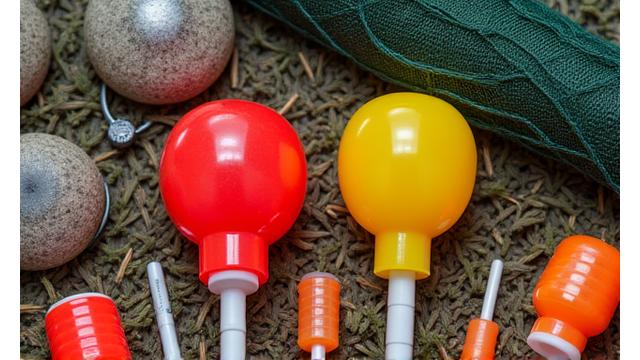 Various coarse fishing floats, weights, and bait pots laid on a fishing mat next to a keepnet