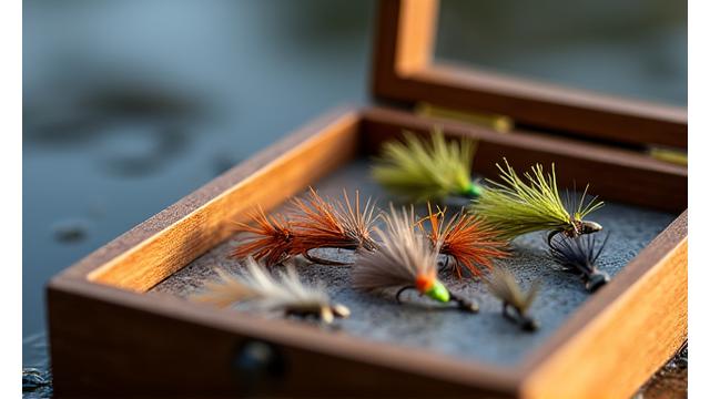 Close-up of neatly arranged fly fishing flies in a specialized fly box, with a fly rod visible in the background