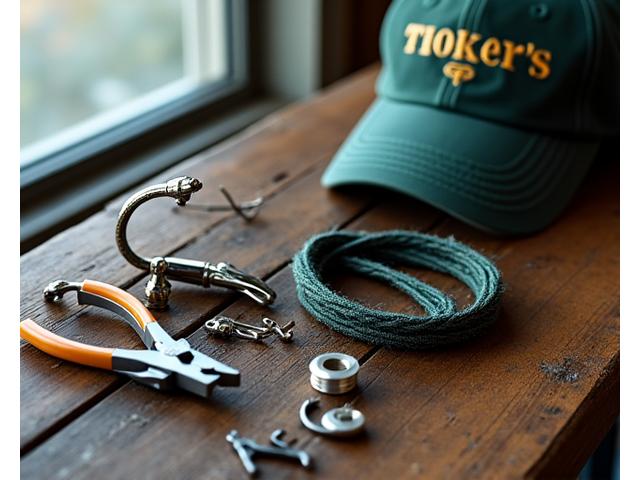 Variety of high-quality fishing accessories including tackle box, pliers, and line, artfully arranged on a rustic wooden table with a gentle water reflection hint