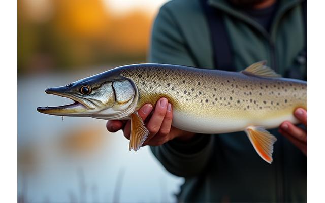 A large, healthy pike being carefully held by an angler right after being caught, ready for release. The fish is vibrant and the angler's grip is gentle. The background is a blurred scenic UK lake, emphasizing responsible angling.