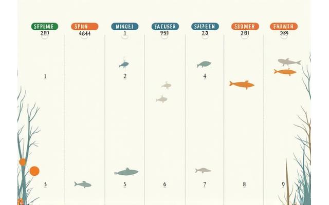 A visually appealing infographic of a seasonal calendar, highlighting different fish species prevalent in UK waters during various months. Small, artistic illustrations of relevant fish (e.g., trout in spring, pike in autumn) are included for each season, designed in a clean, modern style.
