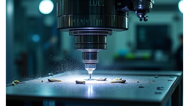 A manufacturing floor showing precision CNC machinery in action, crafting lure components from sustainable materials. The scene is clean, organized, and highlights modern technology within a factory setting with subtle Moorhen Lures branding.