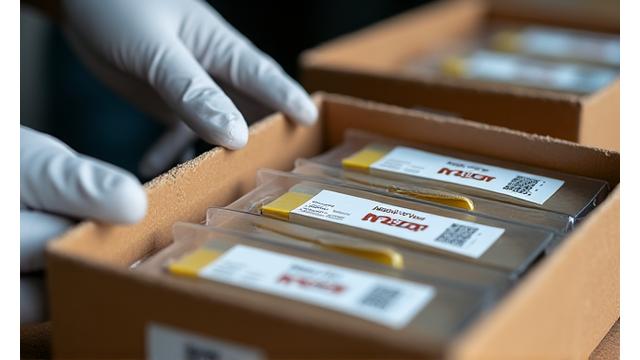 Neatly packed Moorhen Lures products in eco-friendly, minimalist packaging inside a delivery box. A gloved hand is closing the box for shipment, possibly with a shipping label visible. The scene emphasizes care, efficiency, and sustainability.