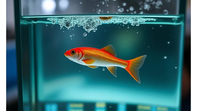A Moorhen Lure being tested in a controlled aquarium or clear testing tank. The lure's swimming action is visible, with delicate water currents, under expert observation. Data readouts or measuring tools might be subtly in the background, signifying rigorous testing.