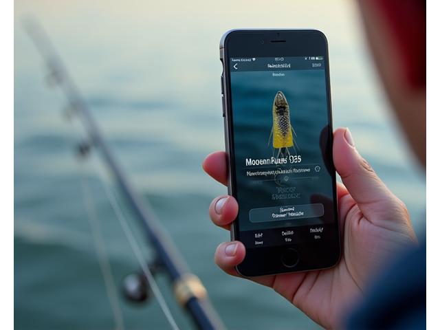 A close-up of a smartphone screen displaying a custom Moorhen Lures app interface, controlling a lure's movement or light patterns. The phone is held by an angler's hand, with a blurred view of a fishing rod and water in the background, illustrating remote control innovation.