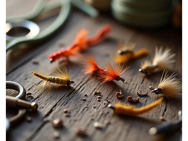 A collection of finely tied Moorhen Lures fly fishing flies, perhaps dry flies and nymphs, arranged aesthetically on a rustic wooden surface next to fishing line and a small, delicate fly box. The craftsmanship of the flies is highlighted with natural, soft lighting.