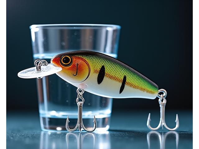 A highly detailed image of a Moorhen Lures with an integrated digital temperature sensor visible. The lure is partially submerged in a clear glass container of water where a digital thermometer reads precise water temperature. The focus is on the sensor and the clear display.