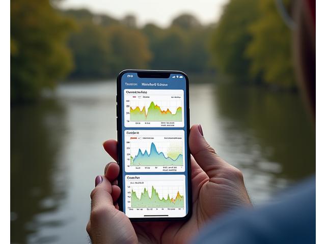 A smartphone displaying multiple screens of the Moorhen Lures fishing analytics app, showing graphs of water temperature, depth, catch logs, and social sharing features, with a blurred background of an angler by a lake.