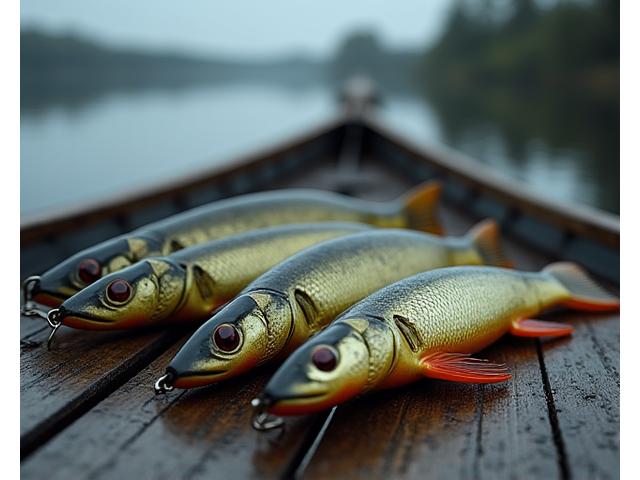 Large, aggressive pike lures with treble hooks, laid out on a wooden fishing boat deck