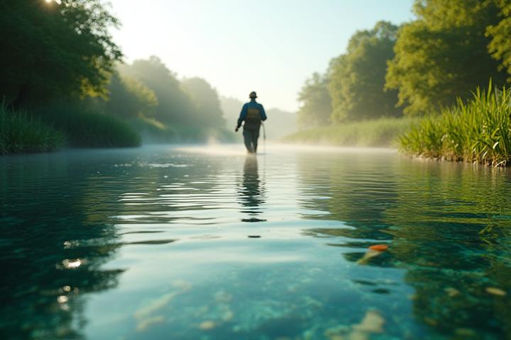 Crystal clear UK river showing vibrant aquatic life, clean banks, and a lone angler casting in the distance, symbolizing environmental responsibility.