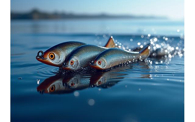 A collection of sleek, aerodynamic casting lures lying on a reflective, dark surface with a subtle rippling water effect, emphasizing speed and precision.