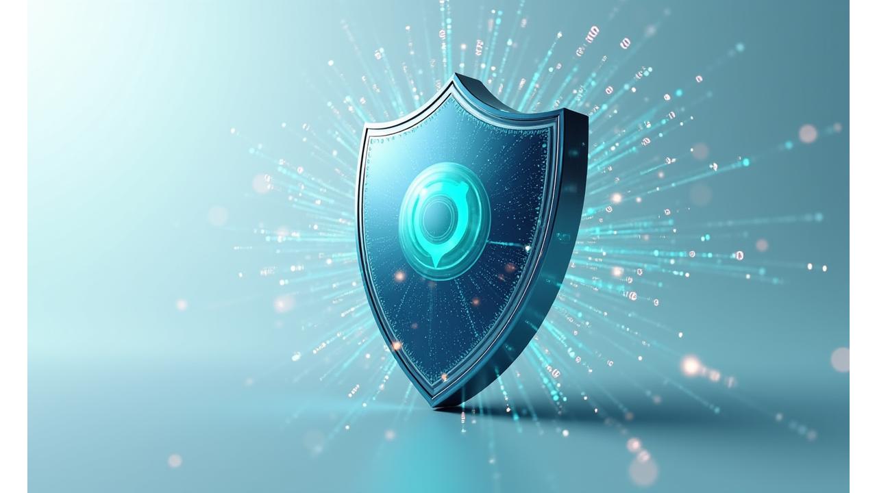 Security shield icon protecting diverse digital data points